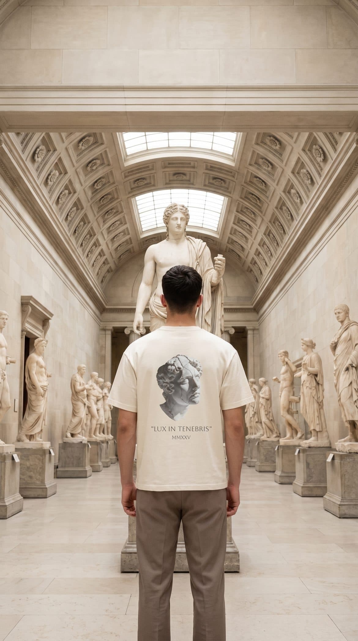 A man in the Lux in Tenebris tee stands in a sunlit gallery of marble statues