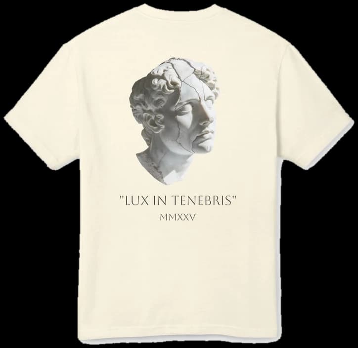 LUX IN TENEBRIS tee, back print, faded cream